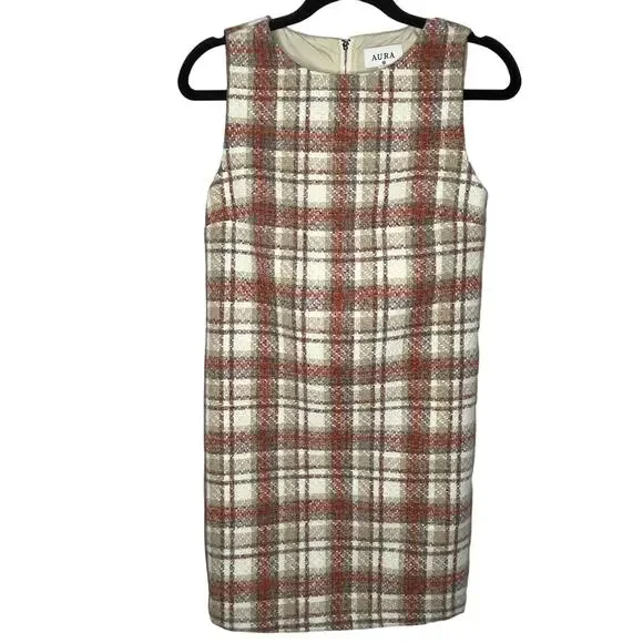 Aura Dresses Aura Burgundy Plaid Tweed Sleeveless Dress Zip